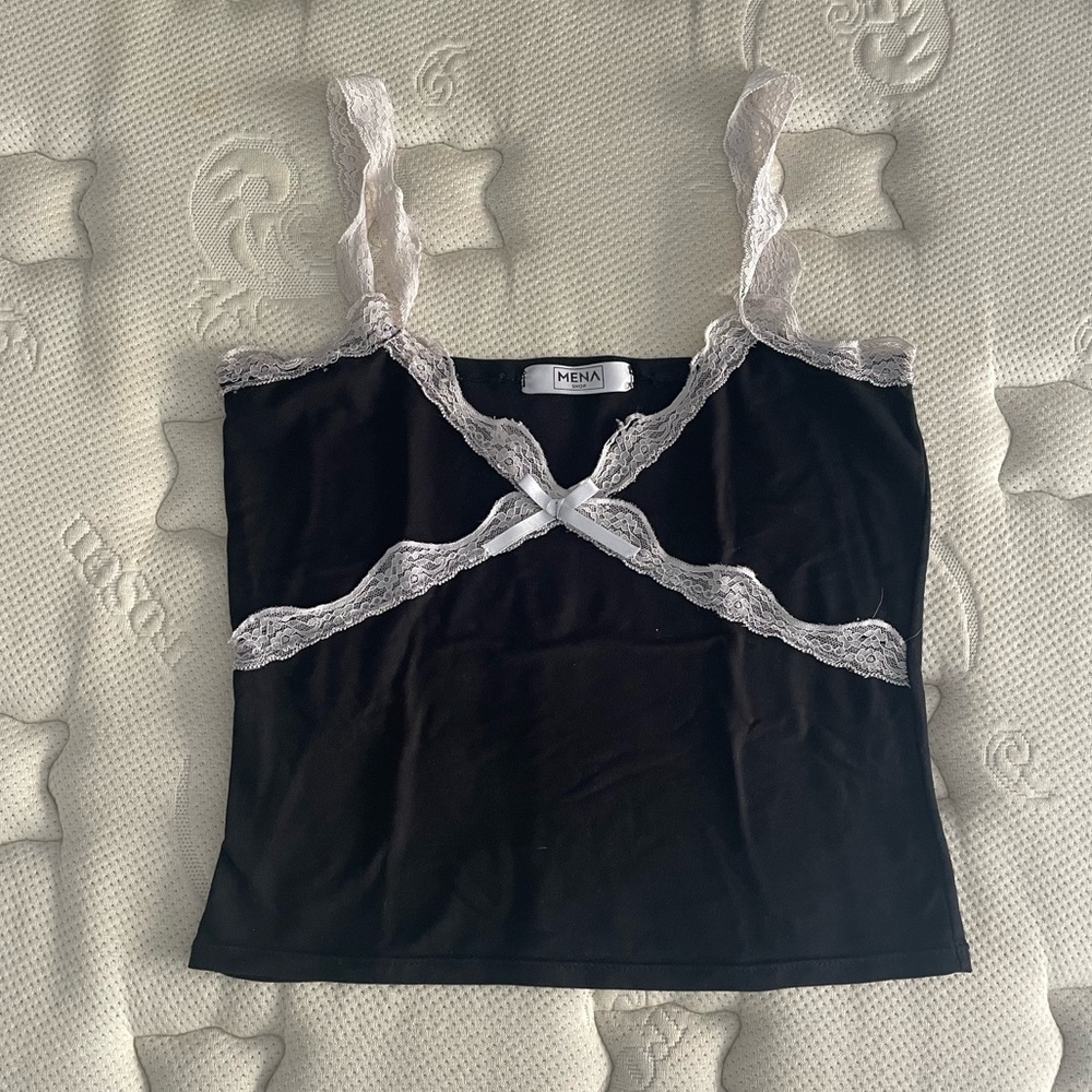 Y2K Top - black crop top with white lace (peach skin material)